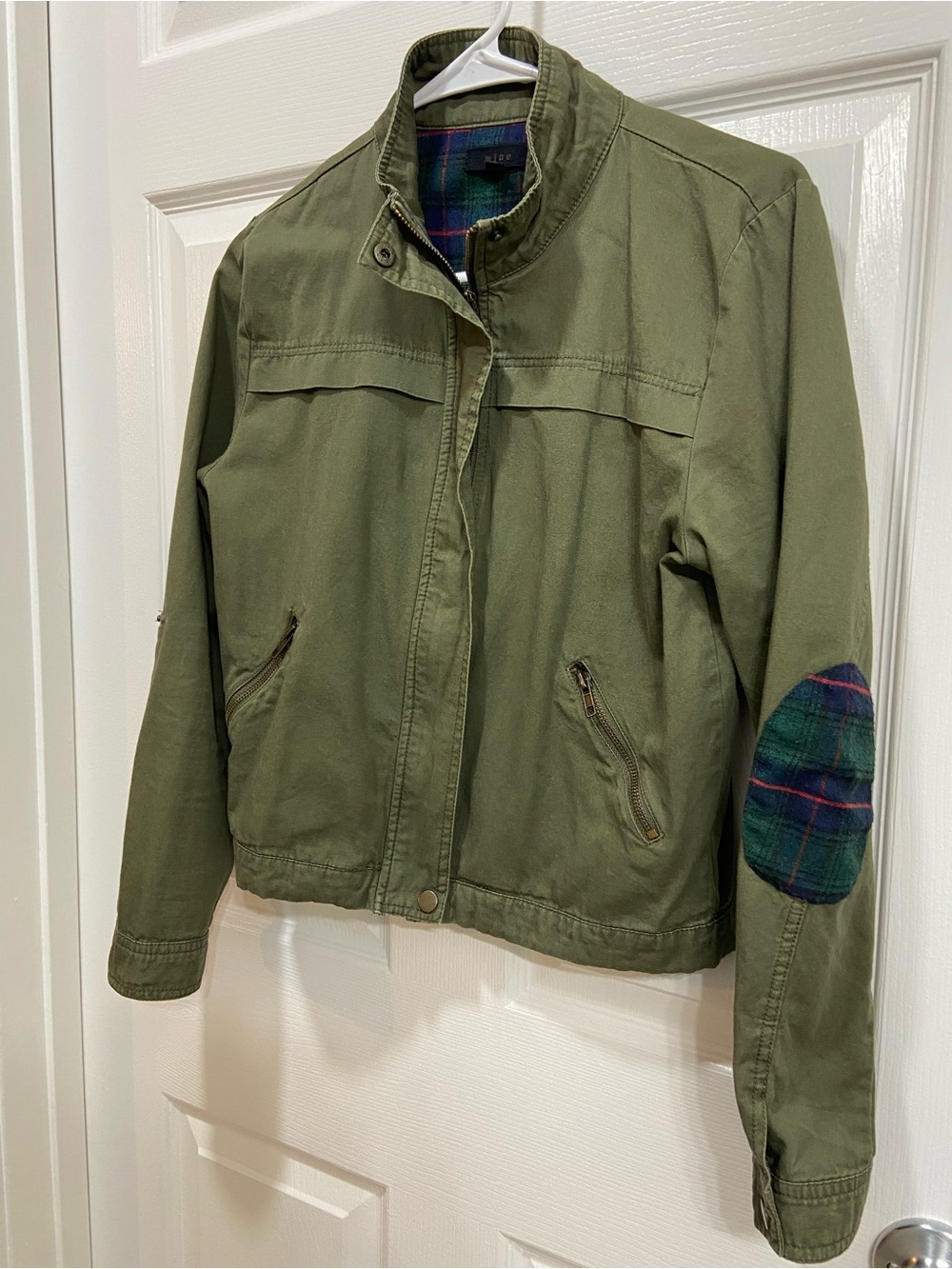 Mine Brand Olive Green Cotton Jacket with Plaid Elbow Patch Size Small